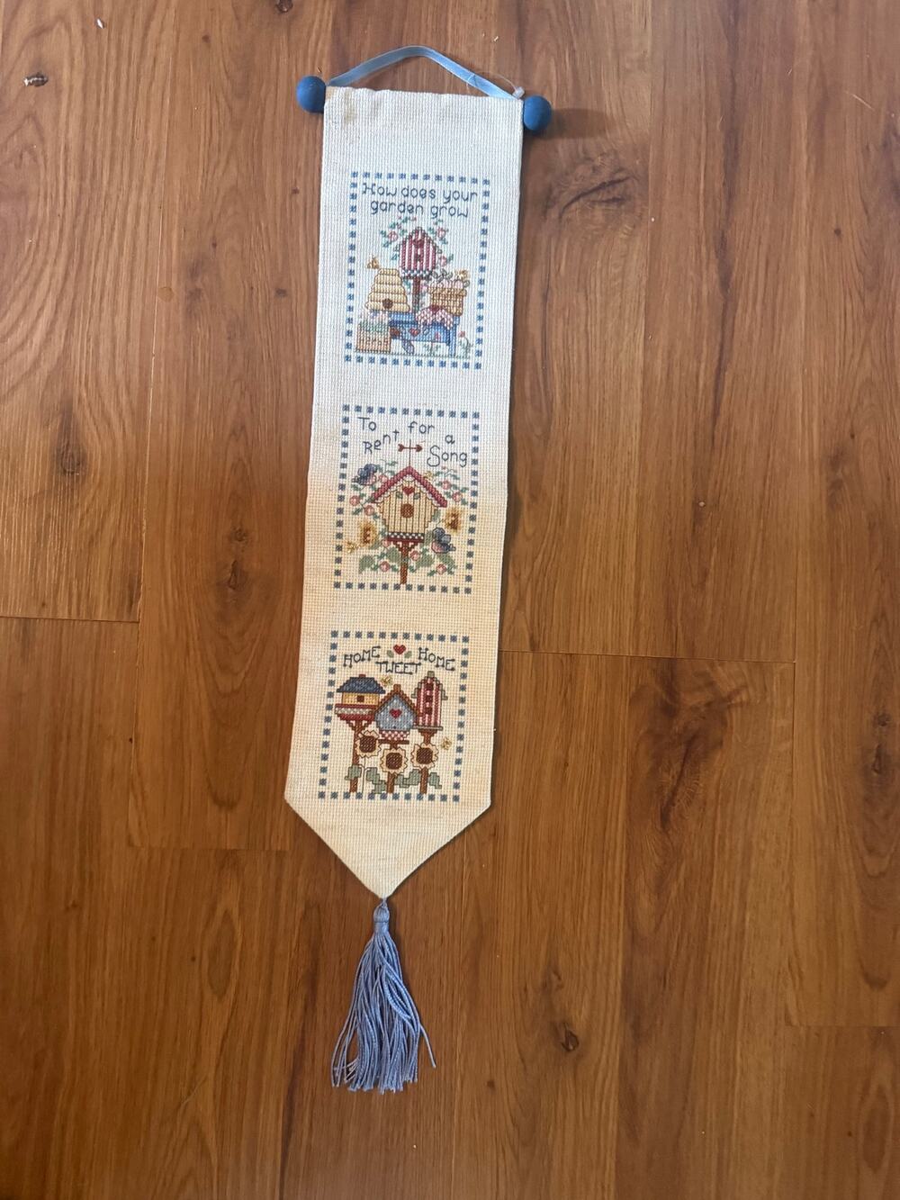 Vintage Cross Stitch Wall Hanging Birdhouse Banner Handmade